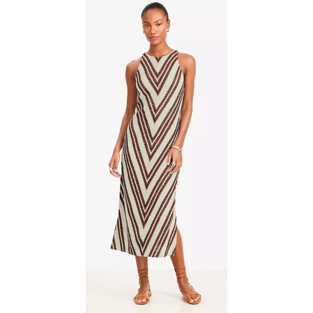 LOFT Chevron Crochet‎ Midi Dress Beach Travel Boho Chic Neutral Red Size 6